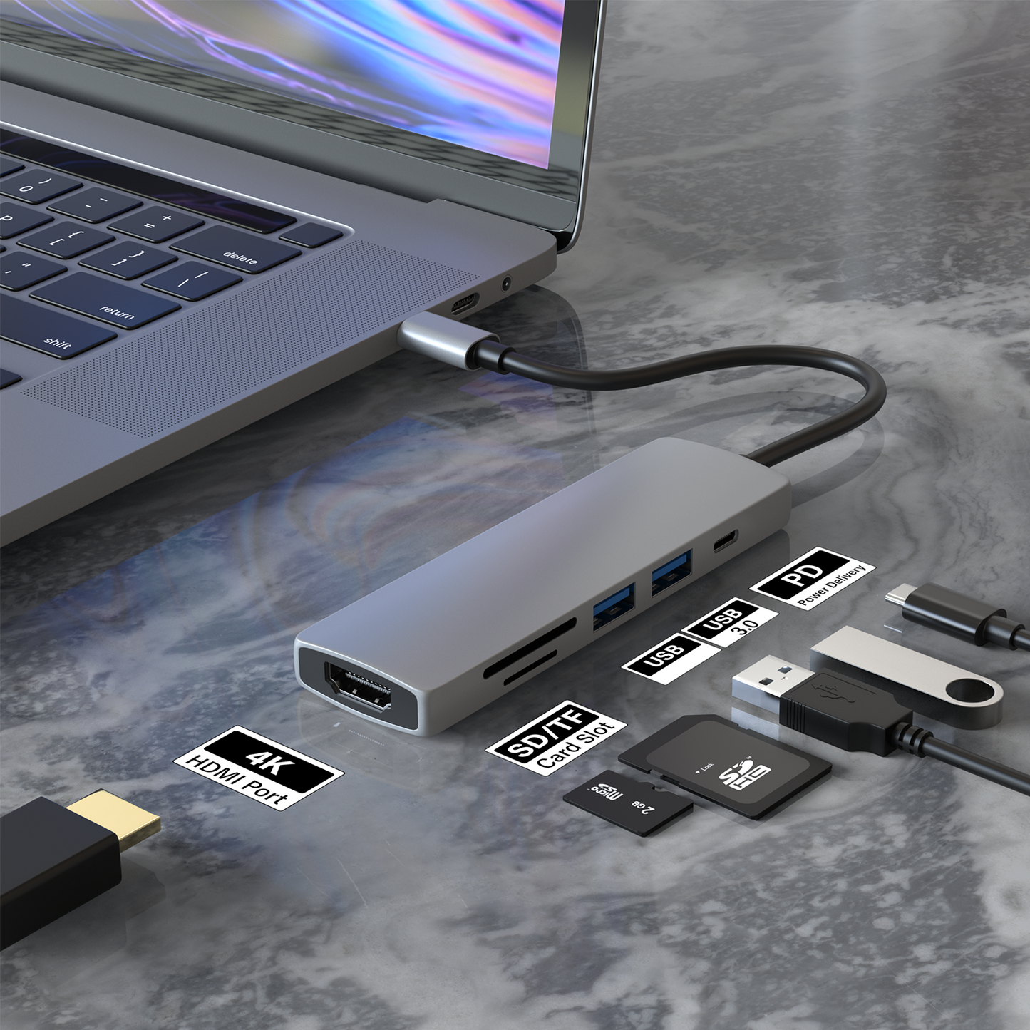 Type- C Adapter 6 in 1, USB- C To HDMI+ PD Adapter (BYL-2010)