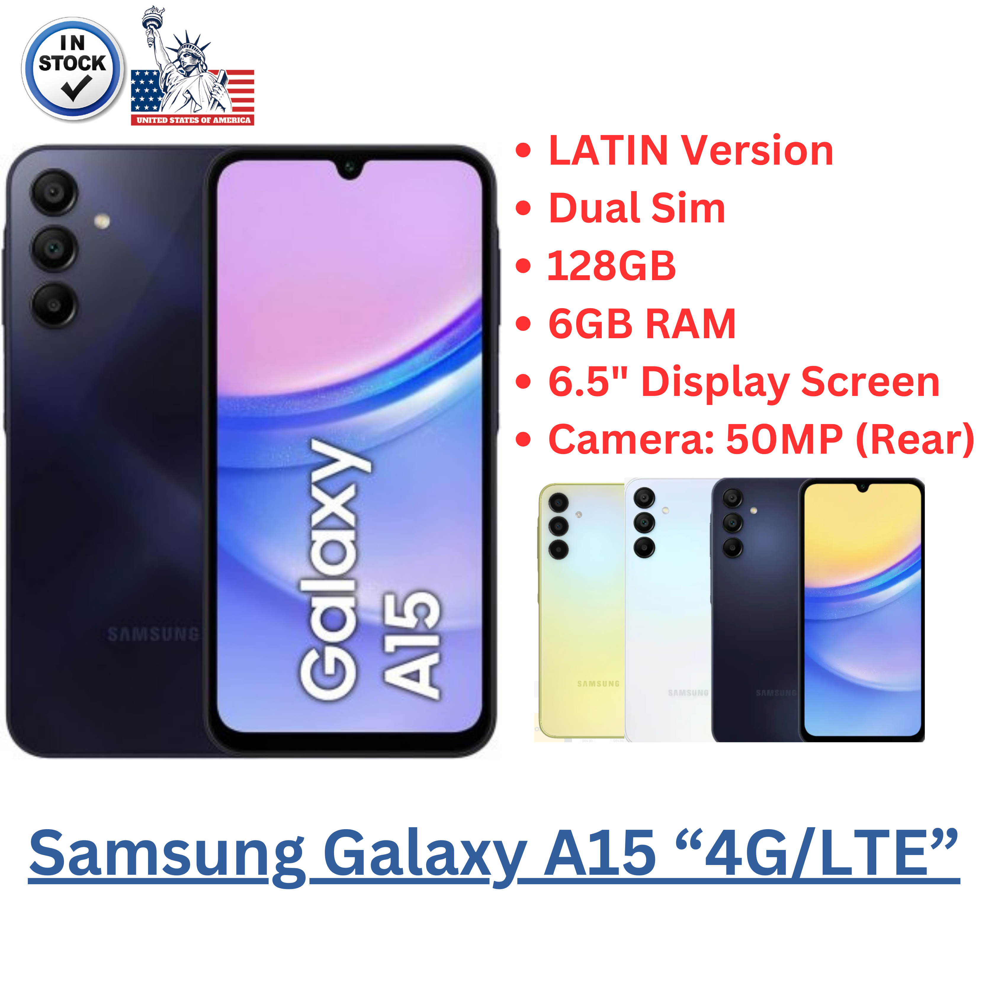 Samsung Galaxy A15 '4G/LTE' Dual Sim GSM Unlocked Android