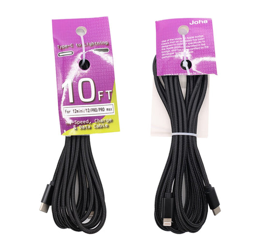 Fast Charging Cable- Rope Style, iPhone to Type-C (10ft) (with Tag)