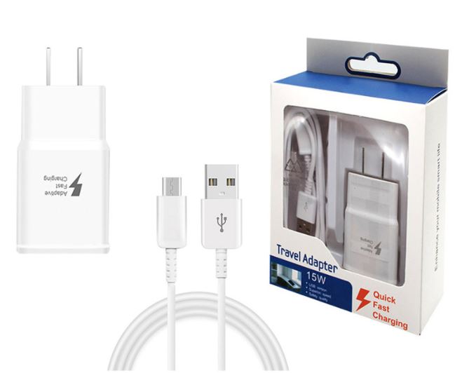 2 in 1 - 15W Fast Adapter with 3ft / 6ft Micro USB Cable (White Packaging)