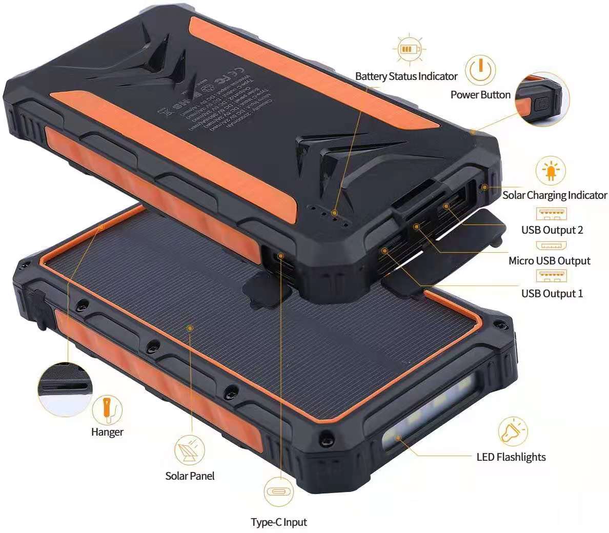 Power Bank - Solar Wireless Charging W/LED Light (20000mah)