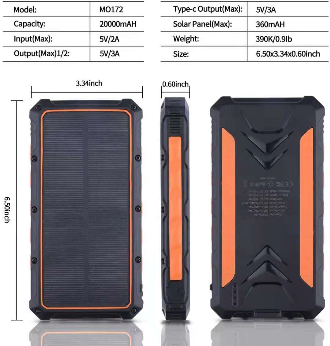 Power Bank - Solar Wireless Charging W/LED Light (20000mah)