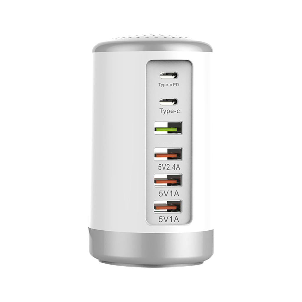 6 Port 65W Multifunctional USB Charger Power Adapter (2 Type-C + 4 USB, Round Cylindrical)