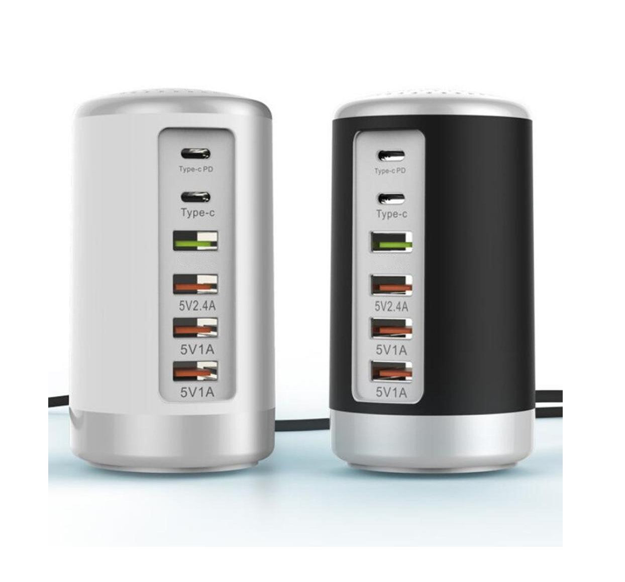 6 Port 65W Multifunctional USB Charger Power Adapter (2 Type-C + 4 USB, Round Cylindrical)