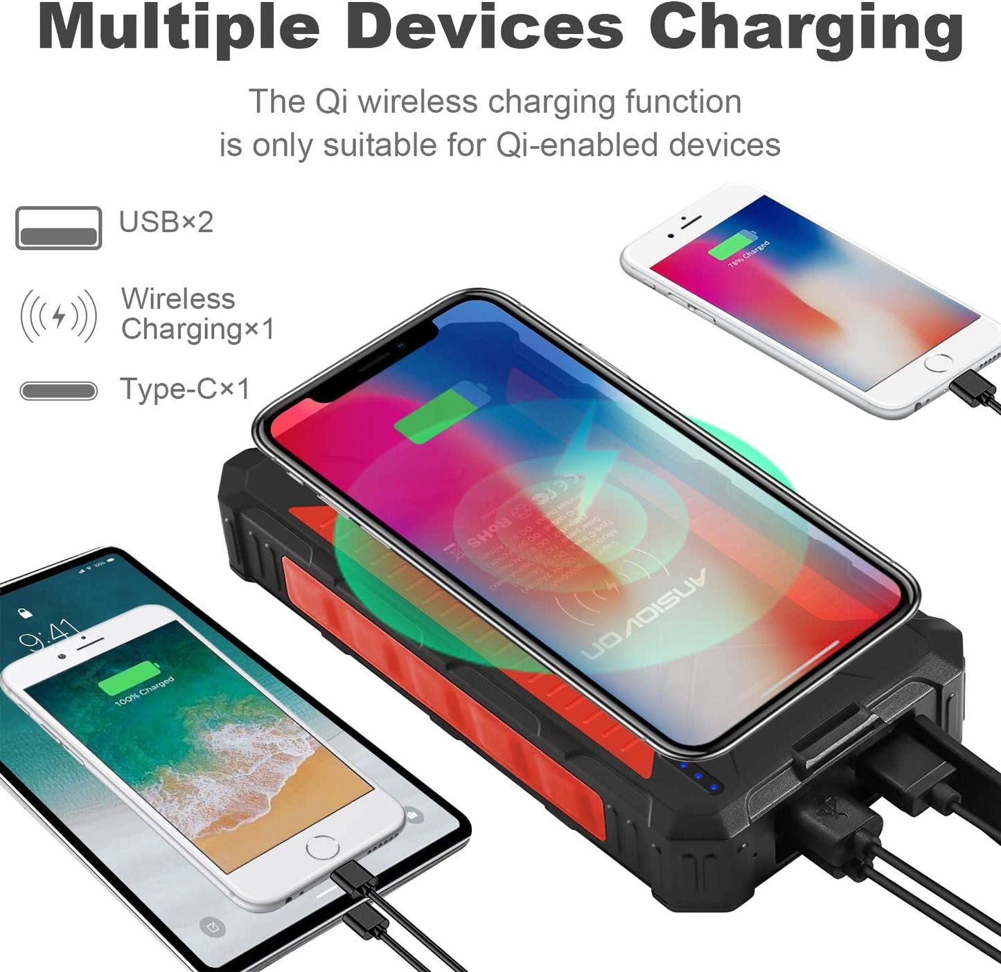 Power Bank - Solar Wireless Charging W/LED Light (36000mah)