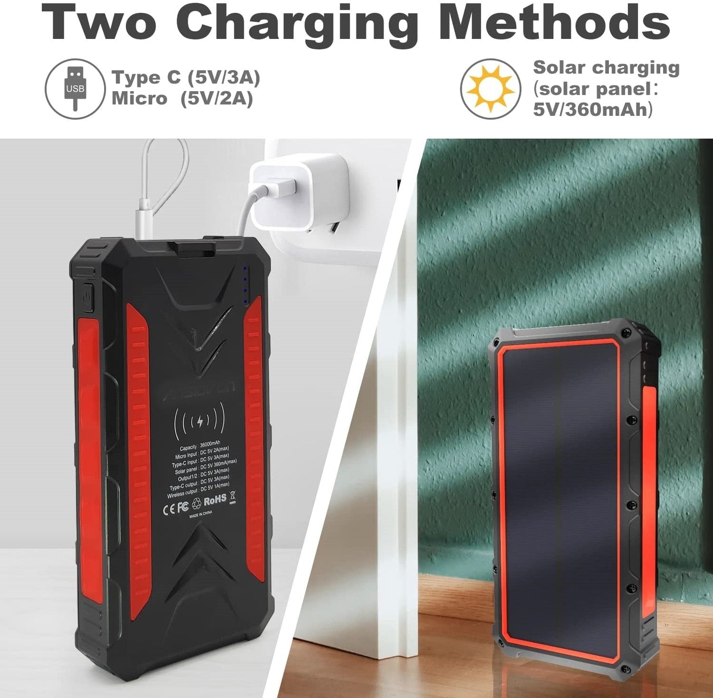 Power Bank - Solar Wireless Charging W/LED Light (36000mah)