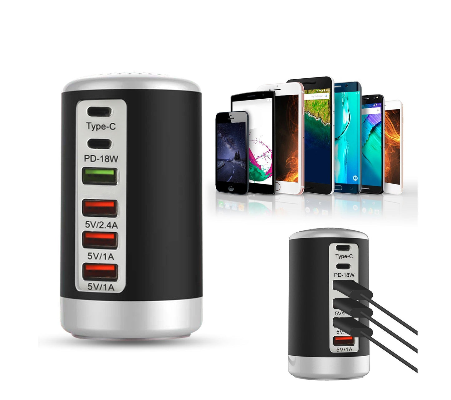 6 Port 65W Multifunctional USB Charger Power Adapter (2 Type-C + 4 USB, Round Cylindrical)