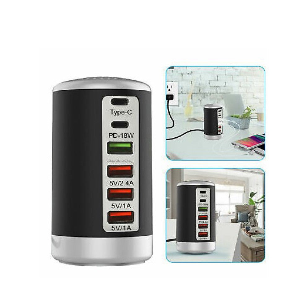 6 Port 65W Multifunctional USB Charger Power Adapter (2 Type-C + 4 USB, Round Cylindrical)