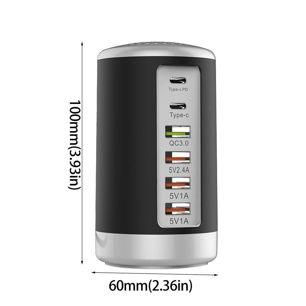 6 Port 65W Multifunctional USB Charger Power Adapter (2 Type-C + 4 USB, Round Cylindrical)