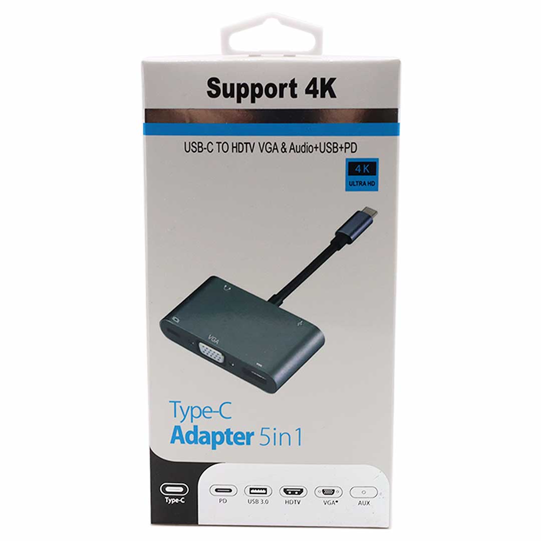 Type- C Adapter 5 in 1, USB- C To HDTV VGA & Audio + USB + PD (BYL-2002)