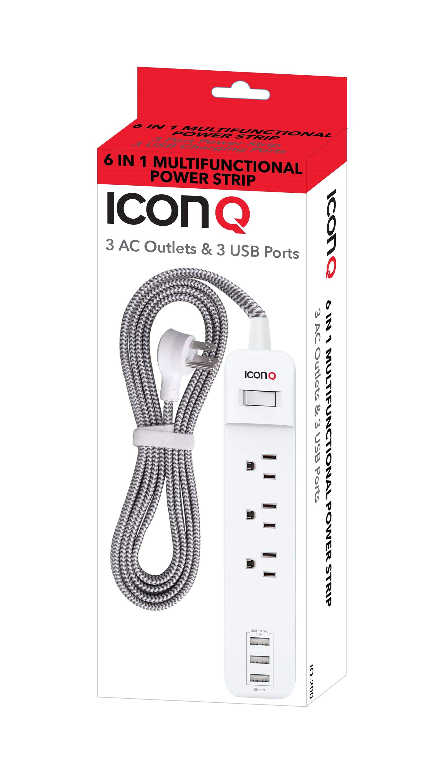 ICONQ - 3 Outlet + 3 USB Port Power Strip - IQ-200