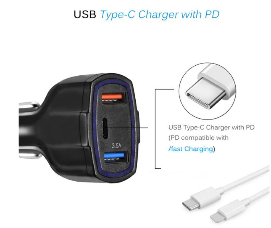 Qualcomm Car Charging Adapter 35W- 2port USB & 1port Type-C (7A QC 3.0)